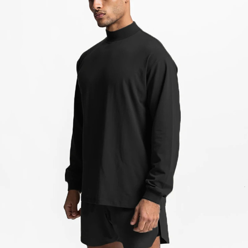 Oversized Long Sleeve Tshirt Mens Turtleneck Dropped Shoulder Loose Sports Fitness T Shirt Cotton Gym Bodybuilding Tops Tees 241018