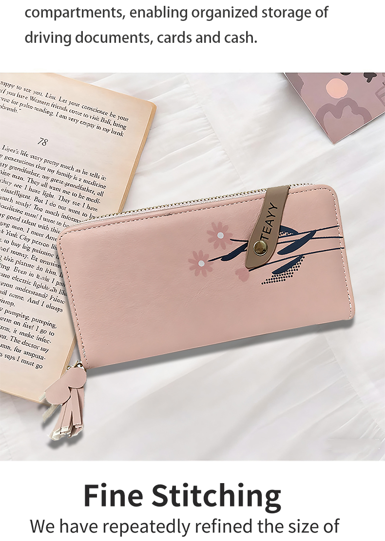 Wallets Women's Floral Print Long Zipper Wallet with Tassel, Pink PU Leather Large Capacity Purse for Daily & Travel 089