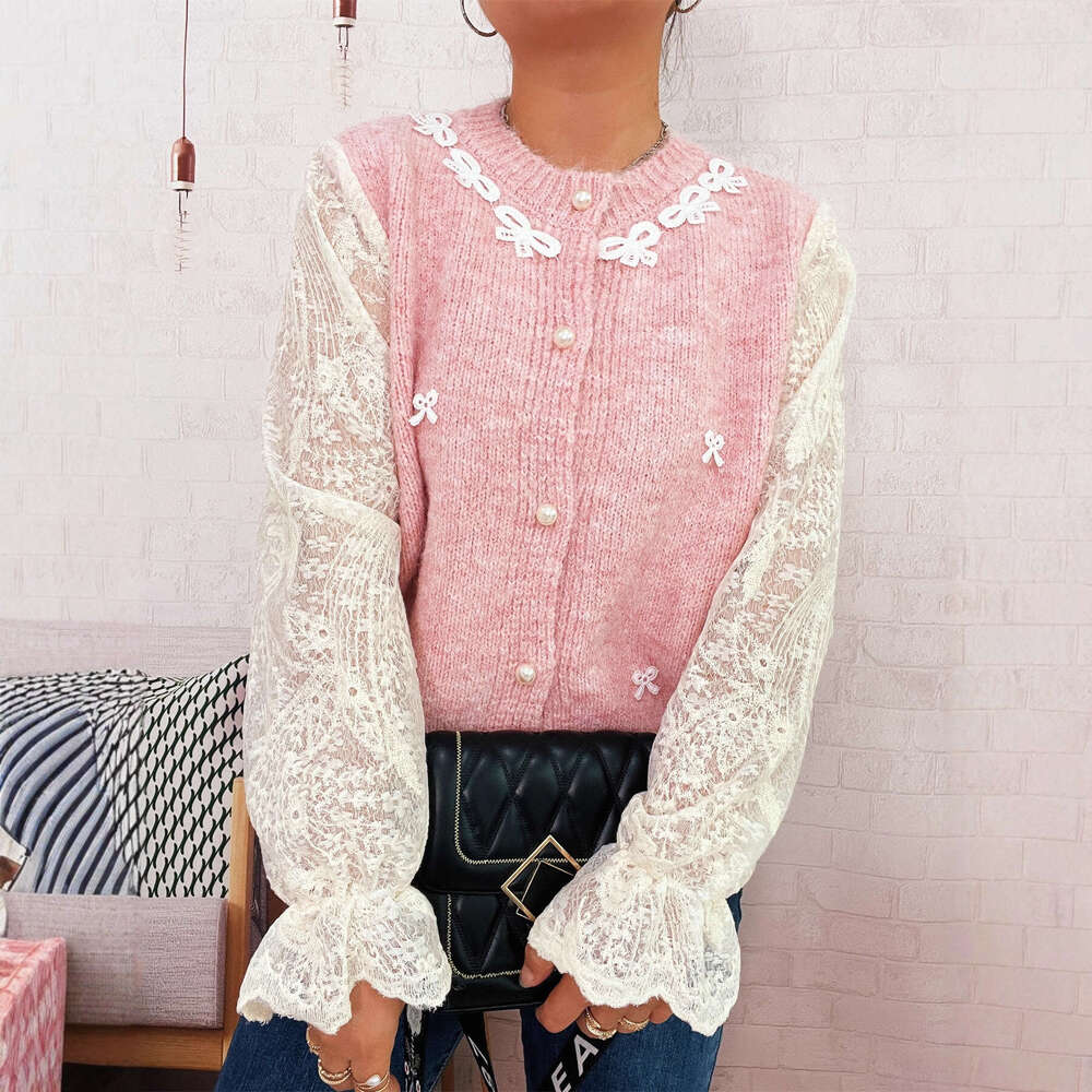 Autumn and Winter New Elegant Commuting Lace Sleeve Spliced Bow Knitted Button Sweater Cardigan