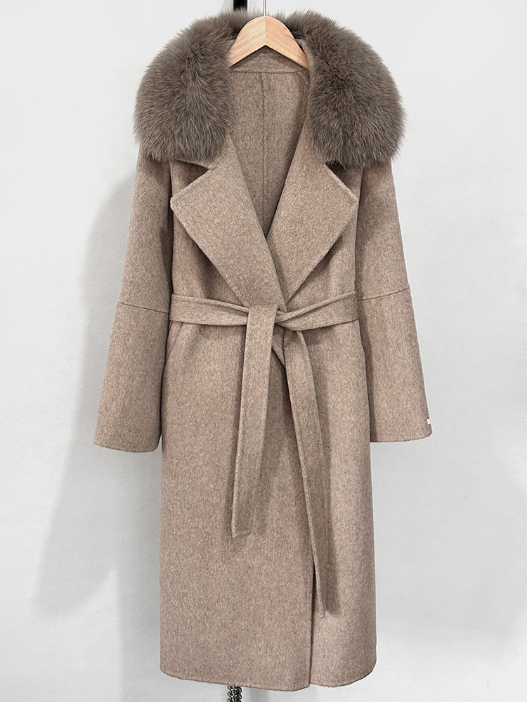 2025 French lazy women's slim fit coat with fox fur collar and lace up double-sided cashmere long woolen coat long coat women wool coat women des