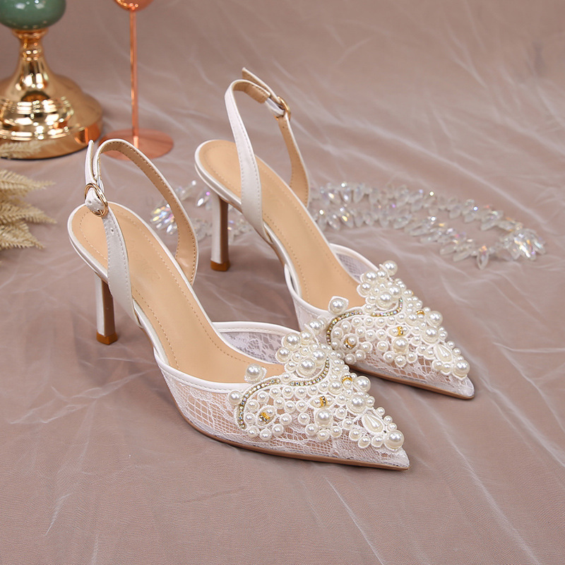 Free shipping sandals, white wedding shoes, women's lace fashion high heels, pearl slim high heels, designer women's shoes