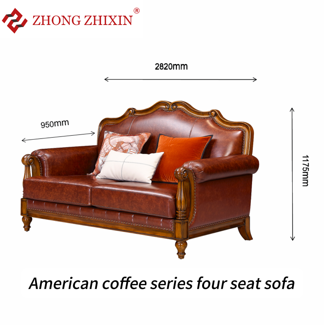 Zhong zhixin Designer Solid Wood Sofa Set, Luxury Leather Upholstered, American Style 3-Piece Living Room Furniture Including Sofa, Coffee Table & Sto