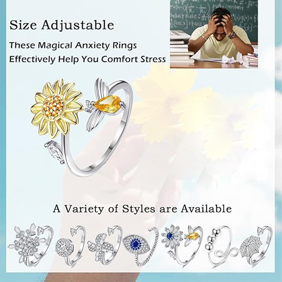 Fidget Anxiety Rings Rotatable Stress Relief Bead Ring Size Adjustable Open Design Ring Spinner Inlaid Cubic Zirconia Snowflake Shape Ring Jewelry for