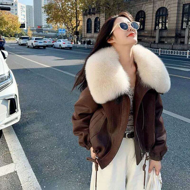Big Collar Faux Fox Fur Jacket Women's Overcoat 2025 Winter New Down Liner Fashion Loose Thicke Warm Biker Clothes Outwear