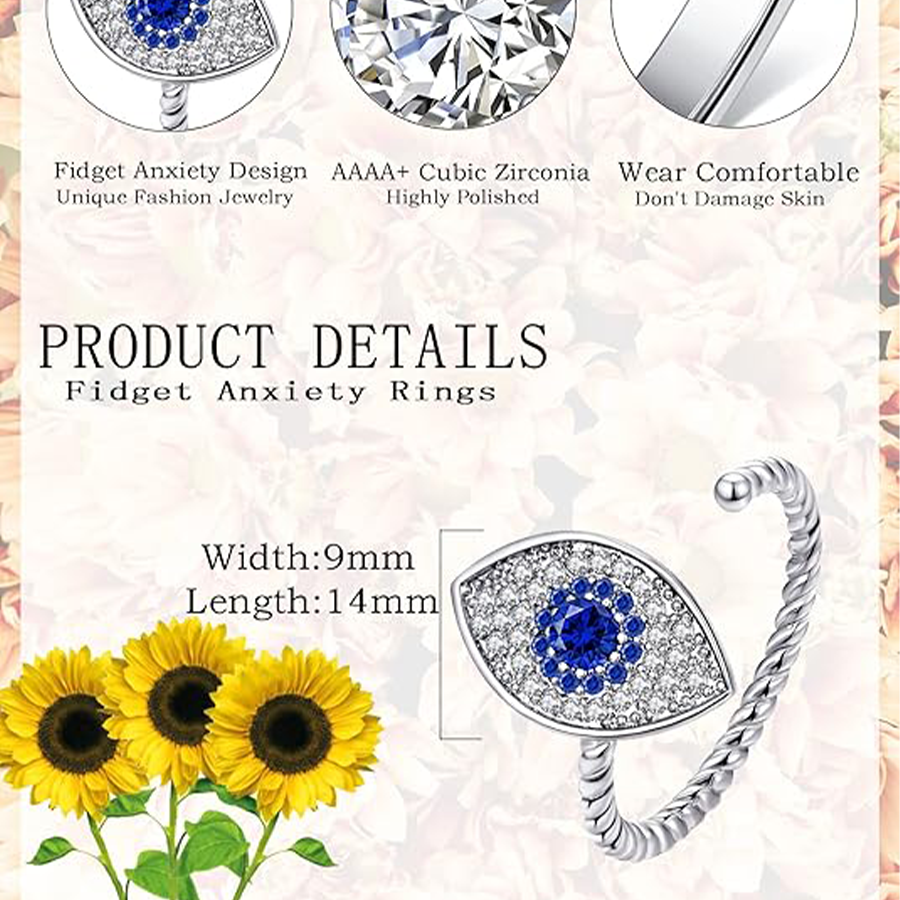Fidget Anxiety Rings Rotatable Stress Relief Bead Ring Size Adjustable Open Design Ring Spinner Inlaid Cubic Zirconia Blue Eye Shape Ring Jewelry for 