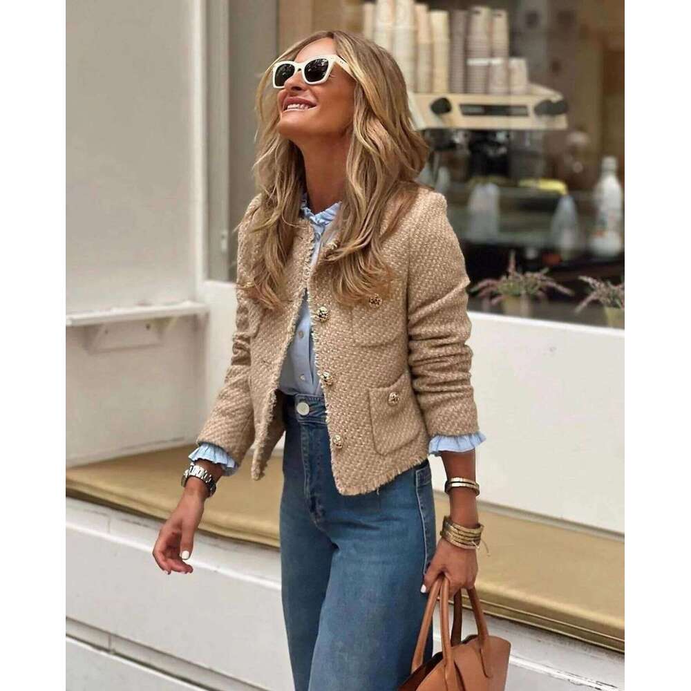 Tweed Basic Jacket Coat Women Clothing Woolen Long Sleeve Front Button Female Outerwear Chic Tops