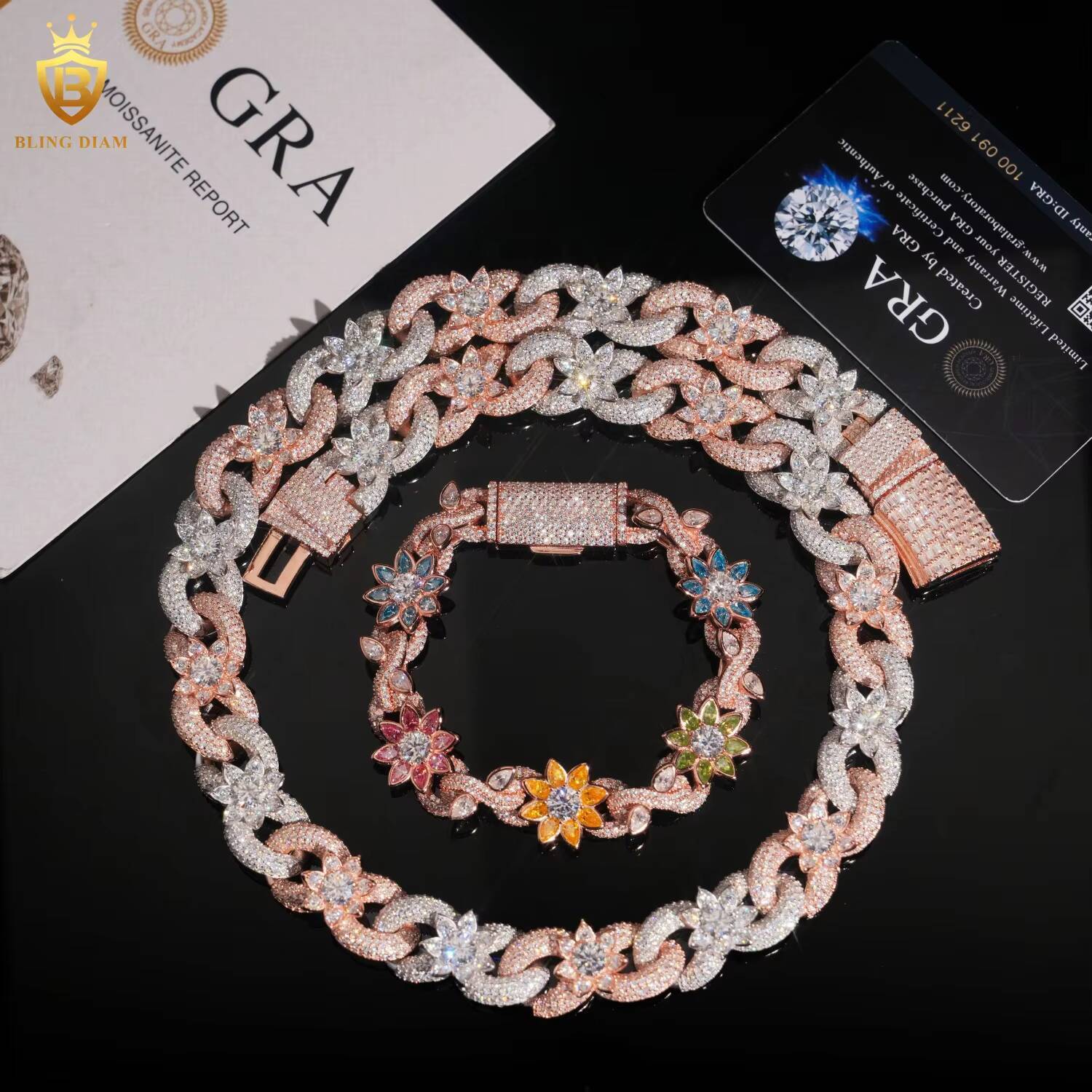 Fashion Jewelry 925 Sterling Silver Hip Hop Iced Out VVS Moissanite Diamond 16mm 20MM Flower Cuban Link Chain Necklace