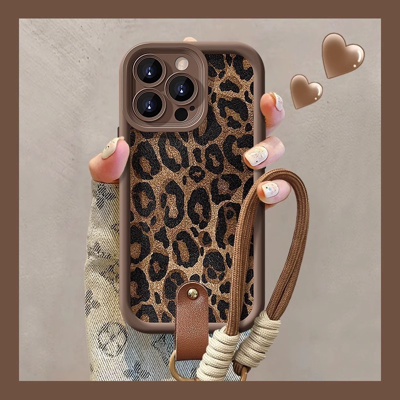 Leopard Print Lanyard Compatible with Apple 17 Phone Case 16PROMAX Lambskin 15 Matte Silicone Premium Shockproof