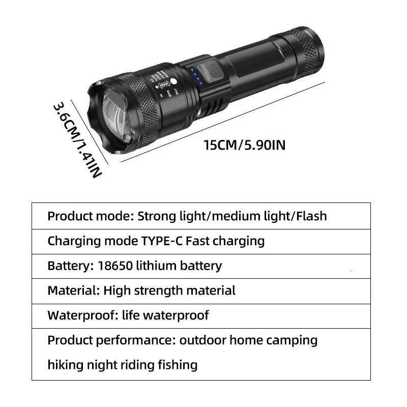 High Strong Power Led Flashlights Tactical Torch with Display Light USB Charging Camping Fishing Emergency Zoom Lantern D250928