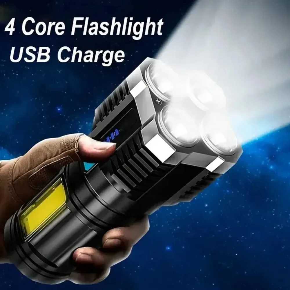 Strong Light LED Flashlight Camping Torch With 4 Lamp And COB Side Lights Outdoor USB Rechargeable Portable Hand Lantern C250928
