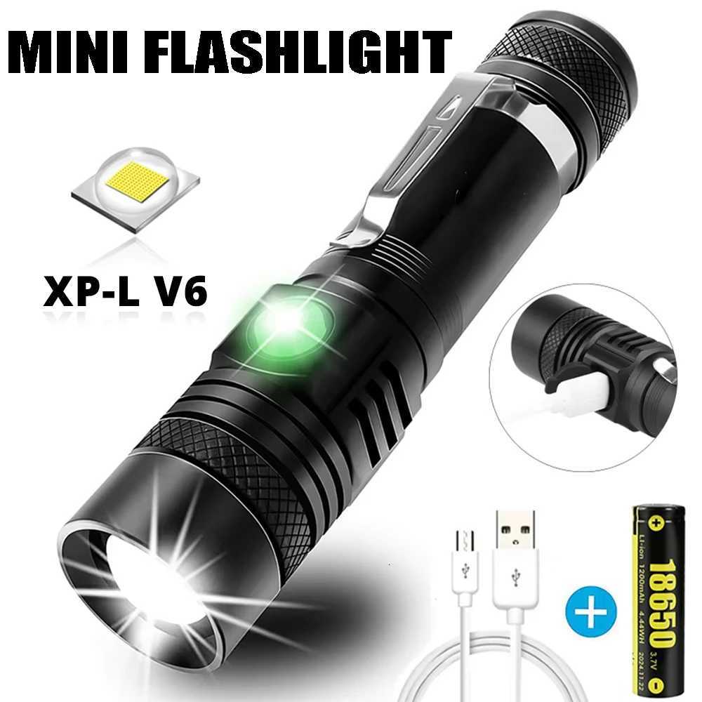 Ultra Bright LED Flashlight TypeC Rechargeable Zoom Lamp with Clip T6 Tactical Torch for Outdoor Camping Hiking Cycling Lantern D250928