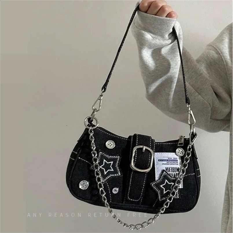 Y2k Fashion Womens Handbags Stars Pattern Cool Girls Underarm Bag Canvas Female Small Shoulder Bags Chain Tote Purses 240801ZYl