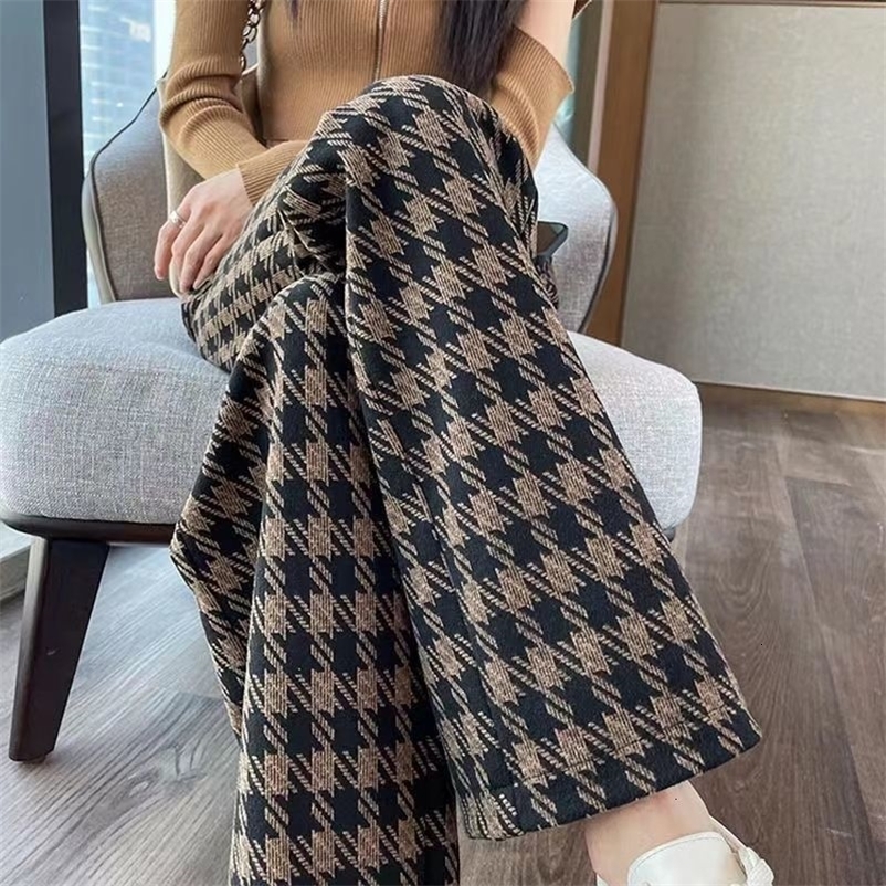 Women's Capris Woolen Wide for Women in Autumn Winter High Waist Loose Coffee Color Plaid Casual Straight Leg Pants Pockets 230310 Z260314