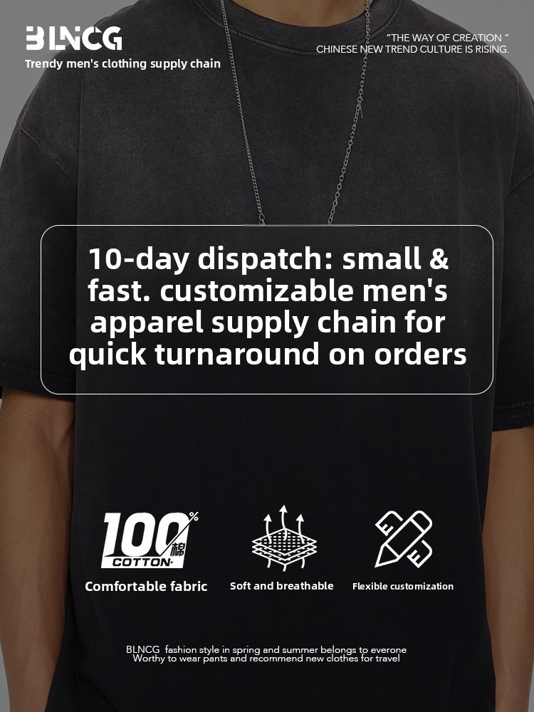 BLNCG Men's Oversized Heavyweight Washed Cotton T-Shirt - Summer Vintage American Style Drop Shoulder, Loose Fit Short Sleeve Tee-X-17