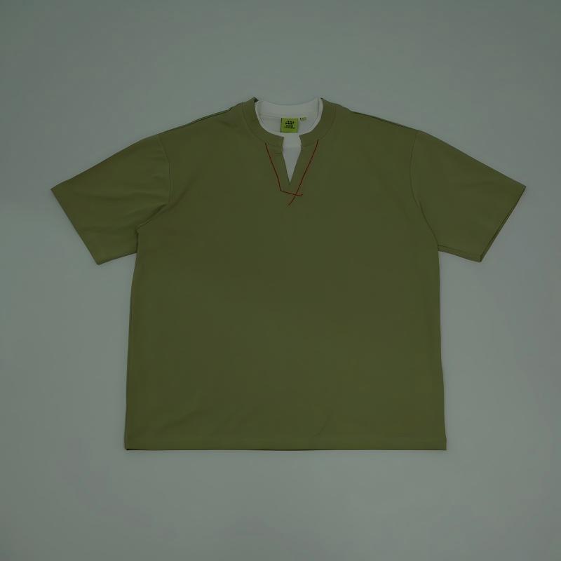 Men's American Style Fake Two-Piece V-Neck Short Sleeve Tee - Summer Heavyweight Cotton Top, Customizable Print-01009