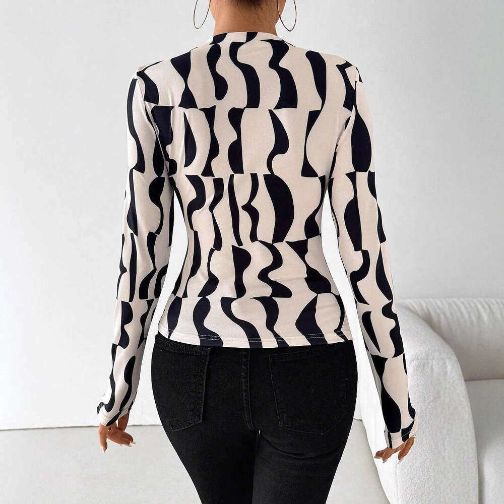 2025 Autumn Winter New Small Stand Collar Ruched Edge Printed Slim Fit Slimming Top for Women