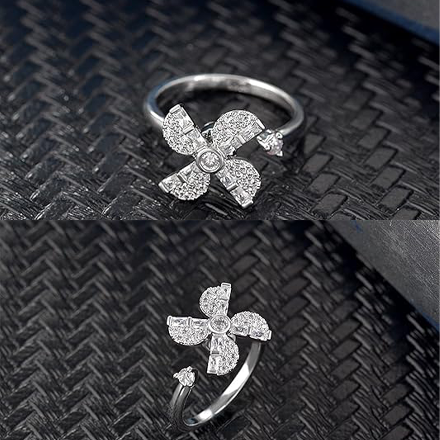 6Pcs Relieve Anxiety Rings CZ Beads Star Sunflower Snowflake Fidget Relief Spinner Adjustable Open Rings Set for Women Men Stackable Rings Wedding Wor