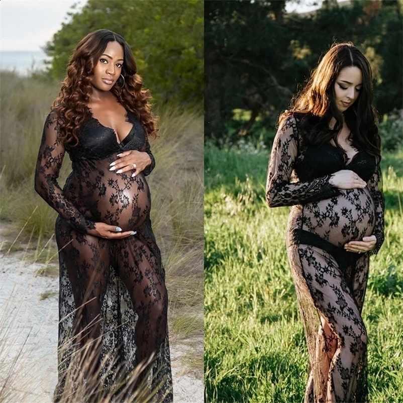 Lace Vneck Pregnancy Dresses Fancy Shooting Po Pregnant Clothes Maternity Dress for Shoot Plus Size Women 240309bj