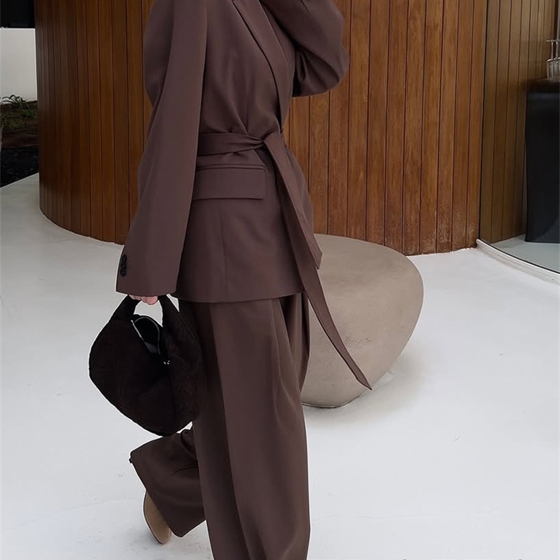 TRAFZA Office Lady Casual Chic Solid Women Suit Single Button Sashes Loose Blazer Zipper Pants Fashion Spring Summer Sets 250807