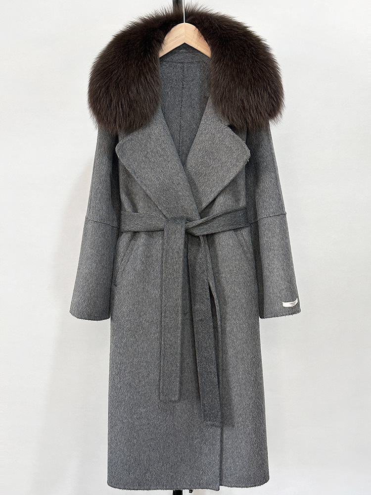 2025 French lazy women's slim fit coat with fox fur collar and lace up double-sided cashmere long woolen coat long coat women wool coat women des