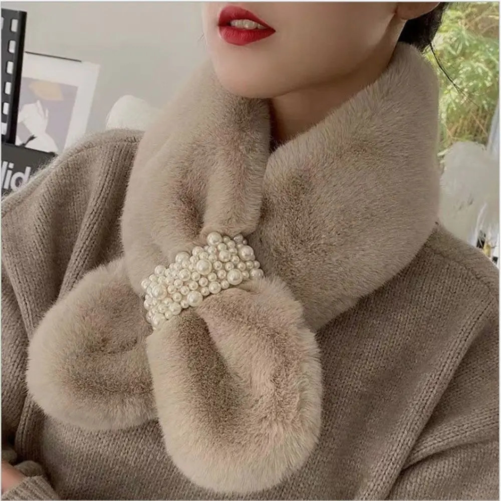 Women Winter Warm Thicken Elegant Pearl Cross Collar Scarf Solid Color Faux Rabbit Fur Plush Elegant Shawl Scarfs 250928