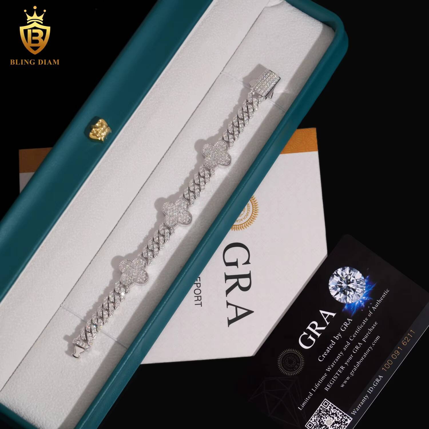 Fashion Four Leaf Clover Link Chain Bracelet 8mm Bracelet Pass Diamond Tester VVS Iced Out Moissanite Hip Hop Chain 925 Silver