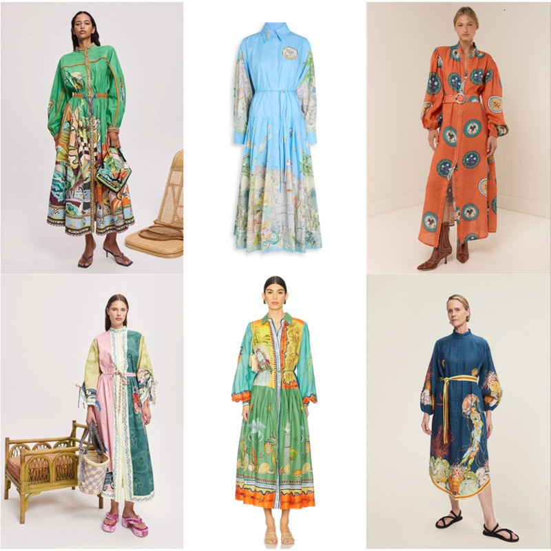 Women Dresses Designer 2025 New Fashion Casual Elegant Linen Printed Tie Shirt Dress 11 Colours