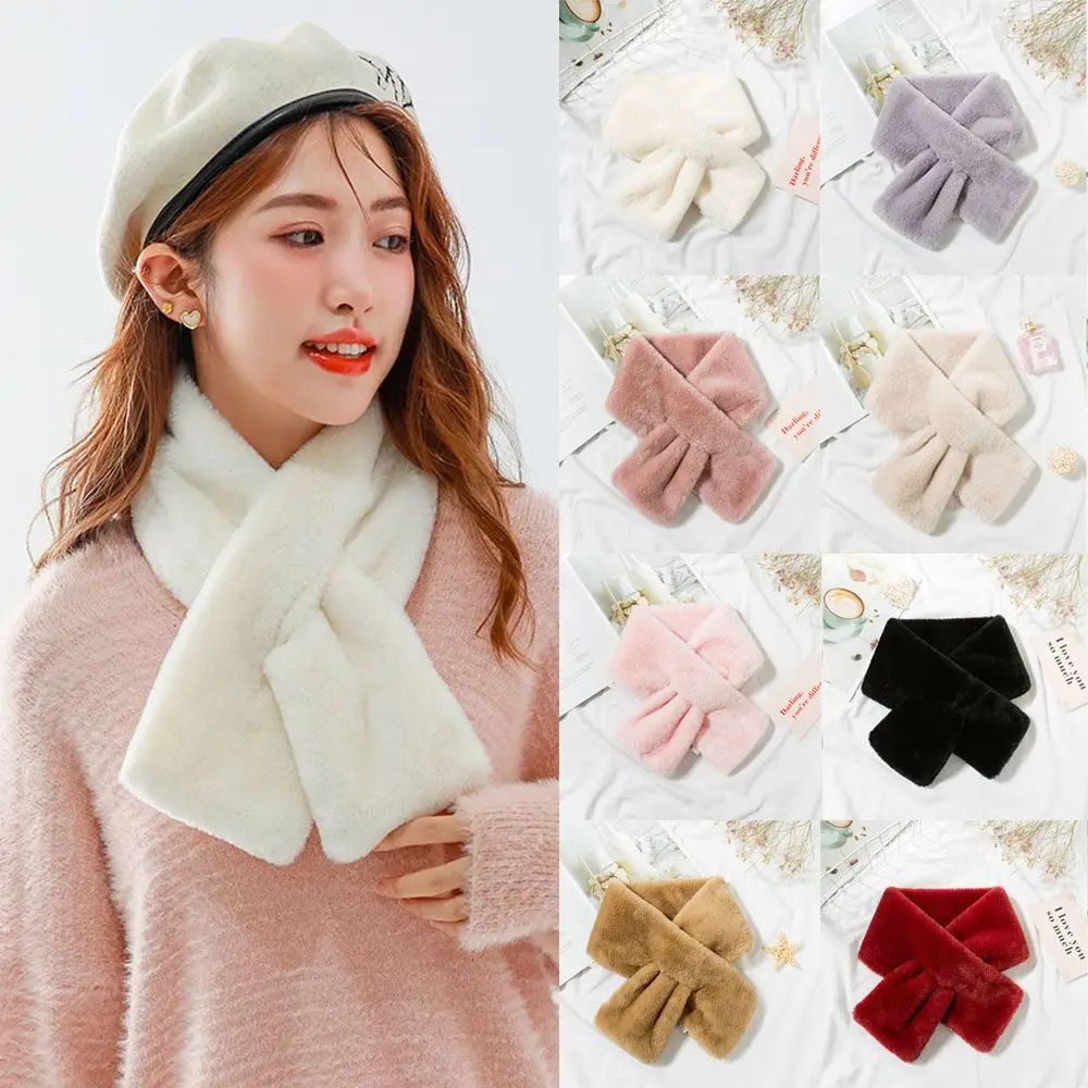 Solid Color Faux Rabbit Fur Plush Elegant Shawl Scarf Winter Warm Thicken Cross Collar Scarf 250928