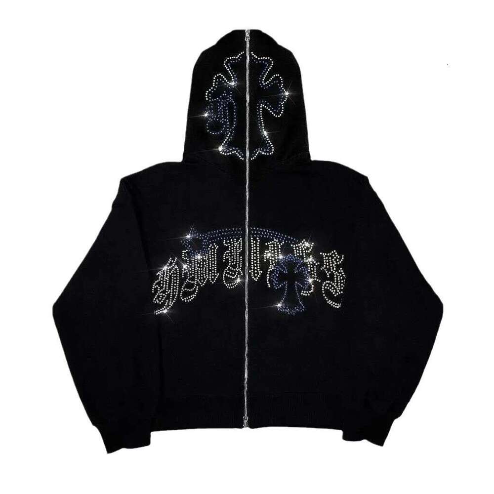 Printed Rhinestone Hooded Cardigan Zipper Loose Unisex Trendy Sweatshirt Jacket