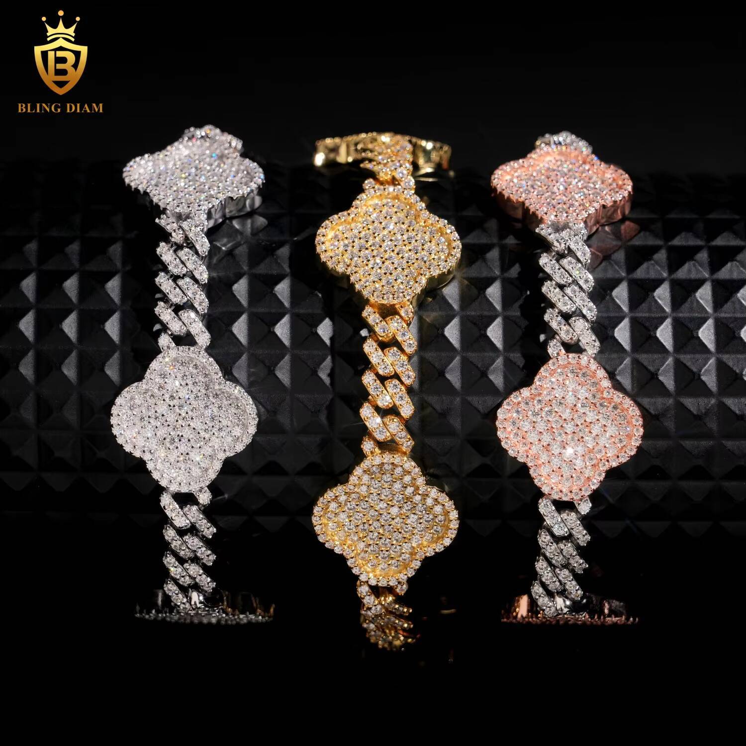 Luxury Charms Bangle Jewelry 6mm 925 Sterling Silver in Rose Gold Vvs Moissanite FourLeaf Clover Bracelets for Men Women