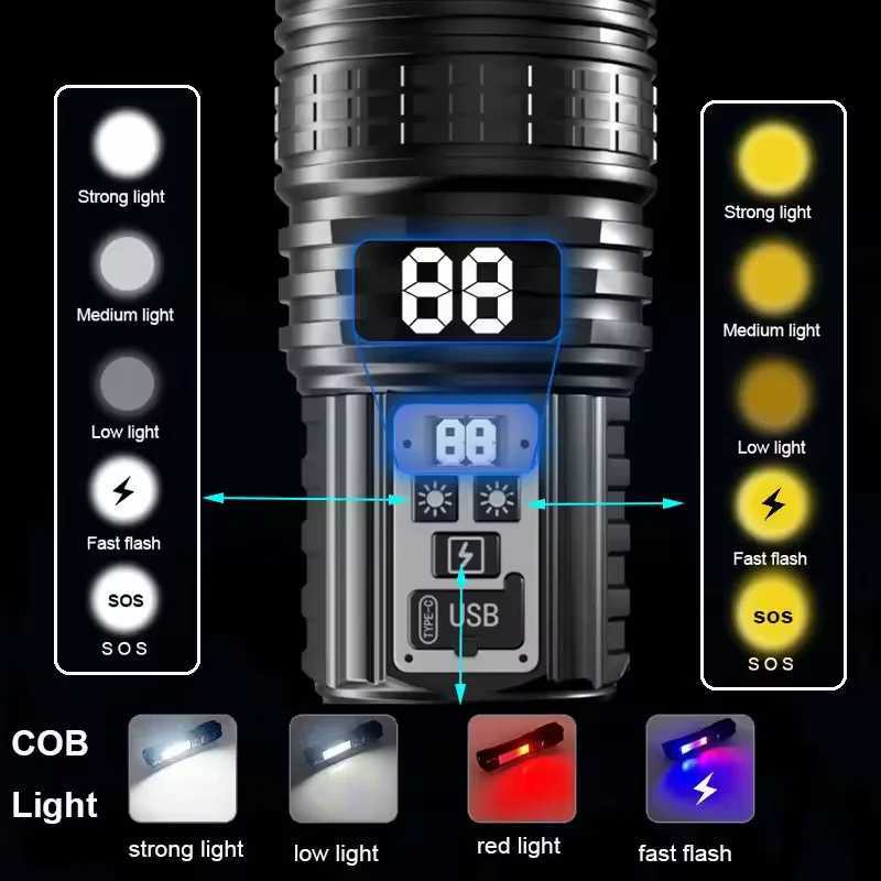 Super Big Flashlight USB Rechargeable Most Strong LED Tactical Torch Light Long Range Digital Power Display Builtin Battery D250928