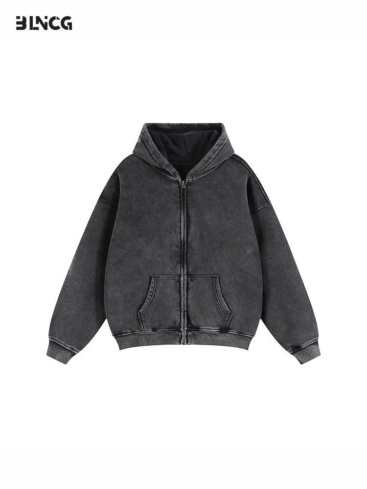 BLNCG Streetwear Winter Heavyweight Fleece-Lined Washed Hoodie - American Retro, Plus Size Zip-Up Jacket for Men & Couples-KFMLW-03