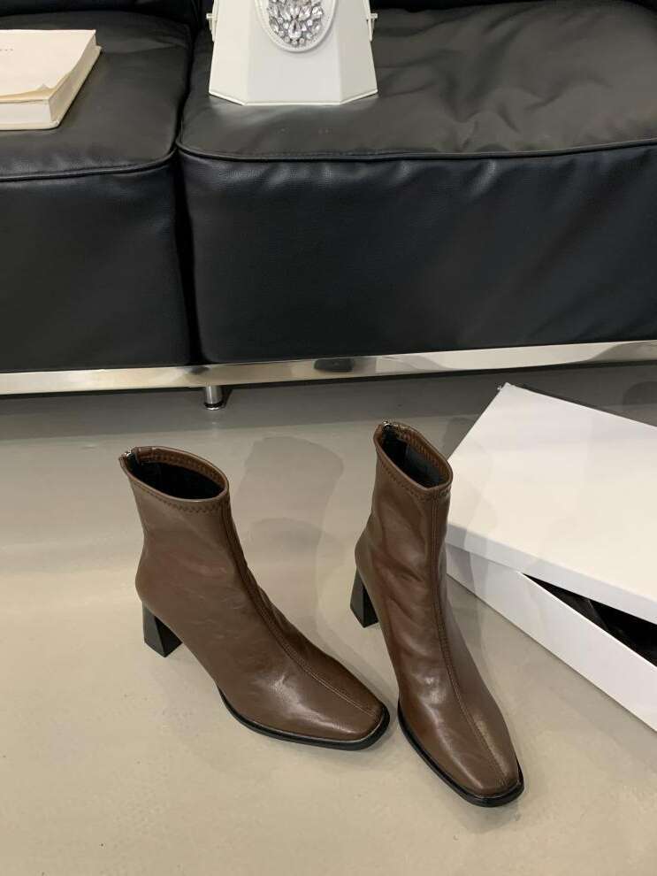 Black High Ankle for Women Autumn and Winter New French Style Square Toe Slim Chunky Heel Martin Boots, Women's Single Boots