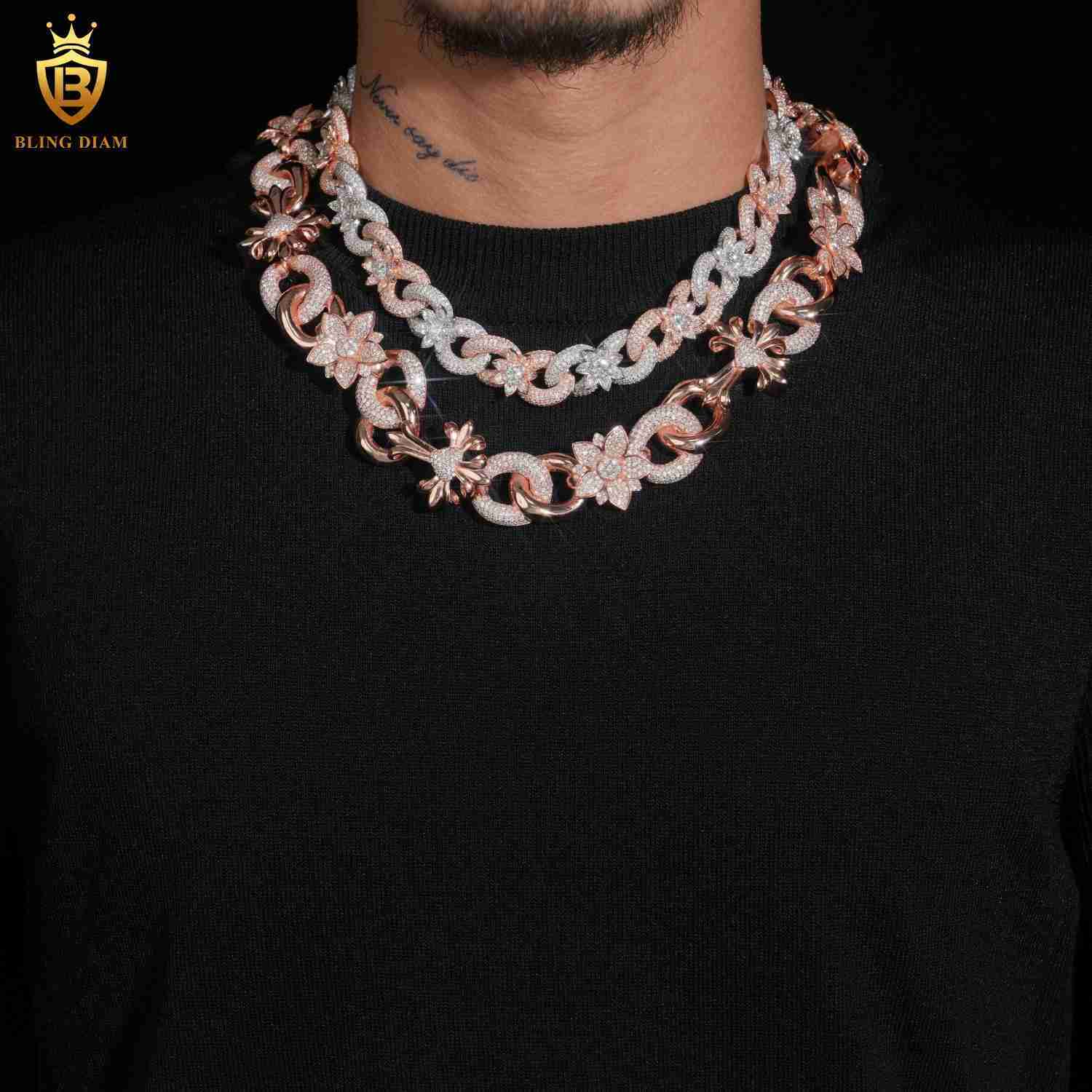 Fashion Jewelry 925 Sterling Silver Hip Hop Iced Out VVS Moissanite Diamond 16mm 20MM Flower Cuban Link Chain Necklace