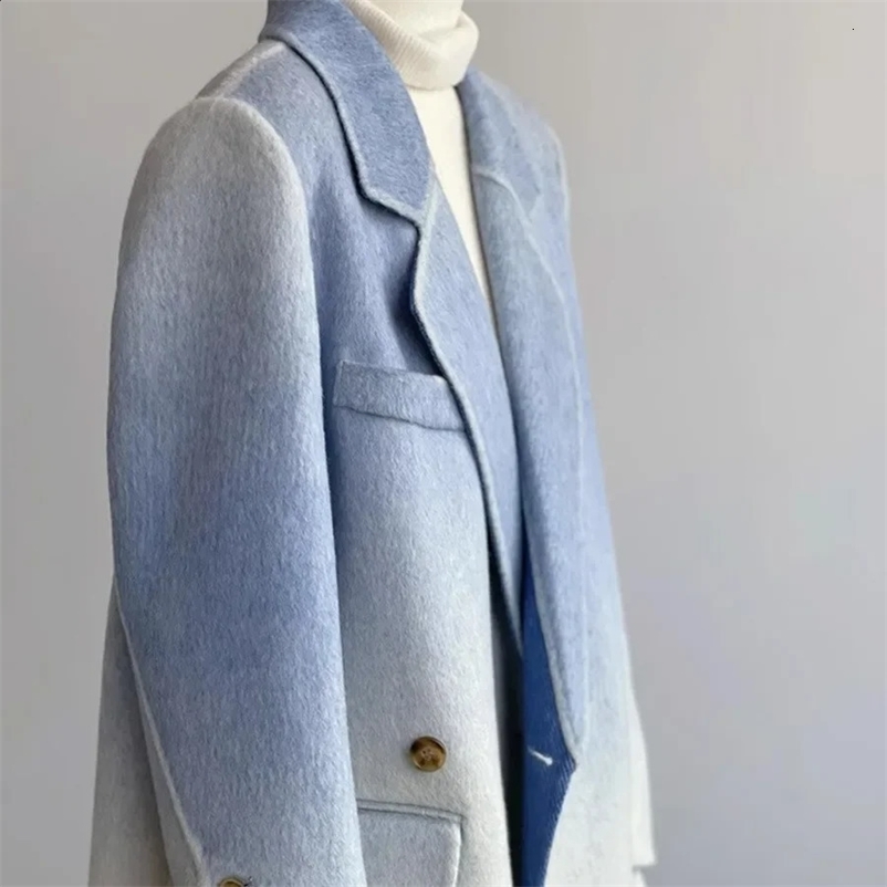 Elegant Blue Gradient White Overcoat Jacket For Women High-end Winter Woolen Goods Double-sided Zippered Clearance Sale 240909