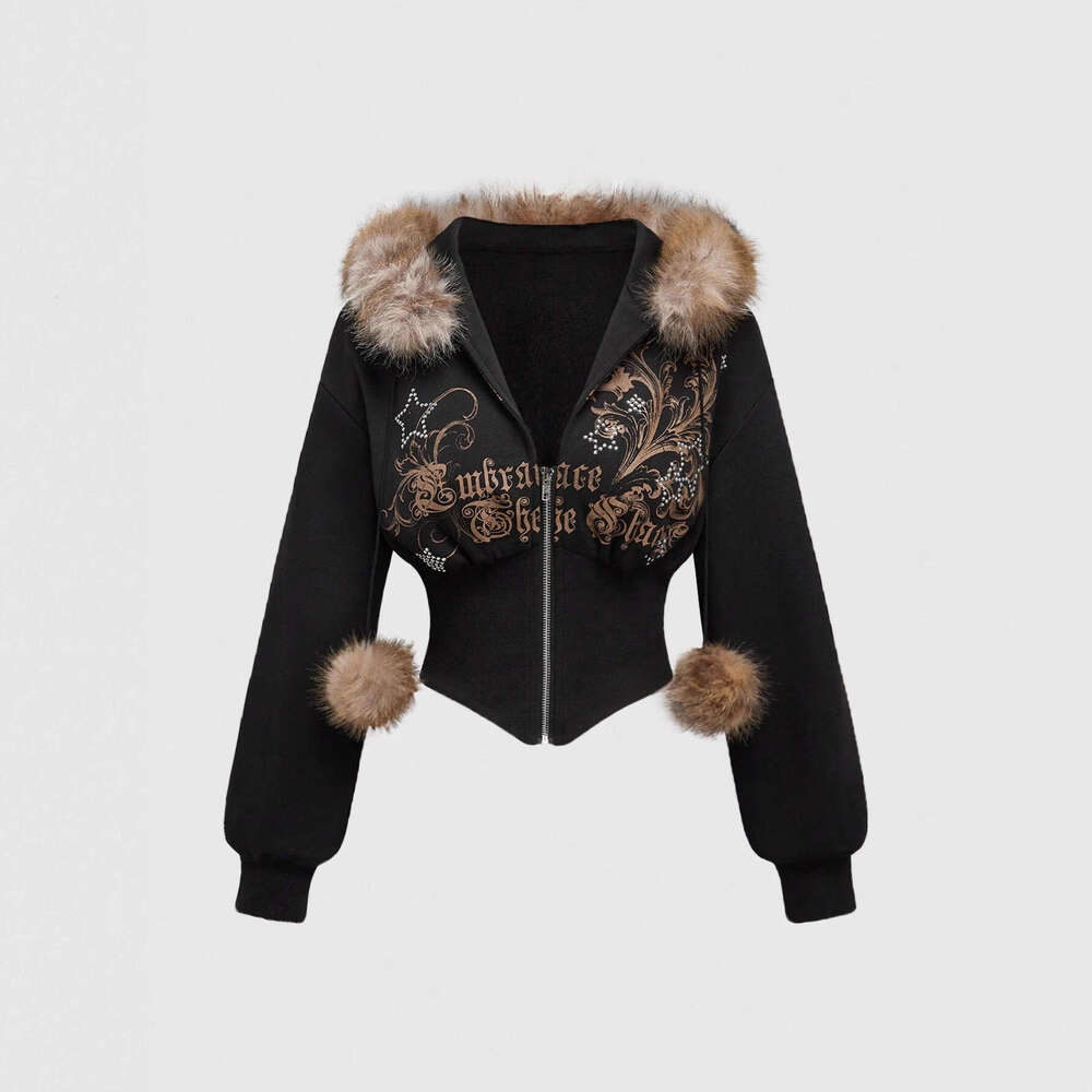 American Style Fur Collar Patchwork Cardigan Sweatshirt Casual Zipper Waist Slimming Short Jacket Top