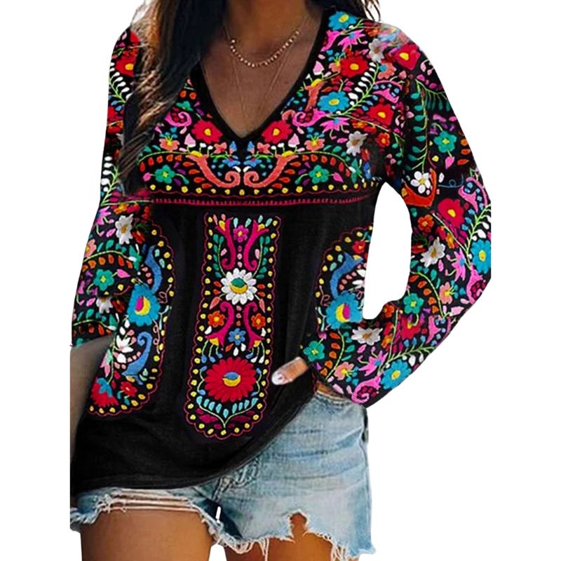 Vintage Style Womens Long-Sleeve V Neck Tee with Ethnic Flower Design for Everyday Wear-CF42394
