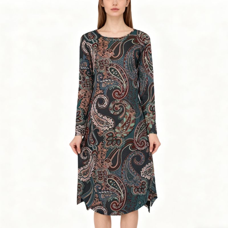 Women's Long Sleeve Paisley Print Maxi Dress - Autumn Winter Vintage Elegant Office Commute Dress-CF43293