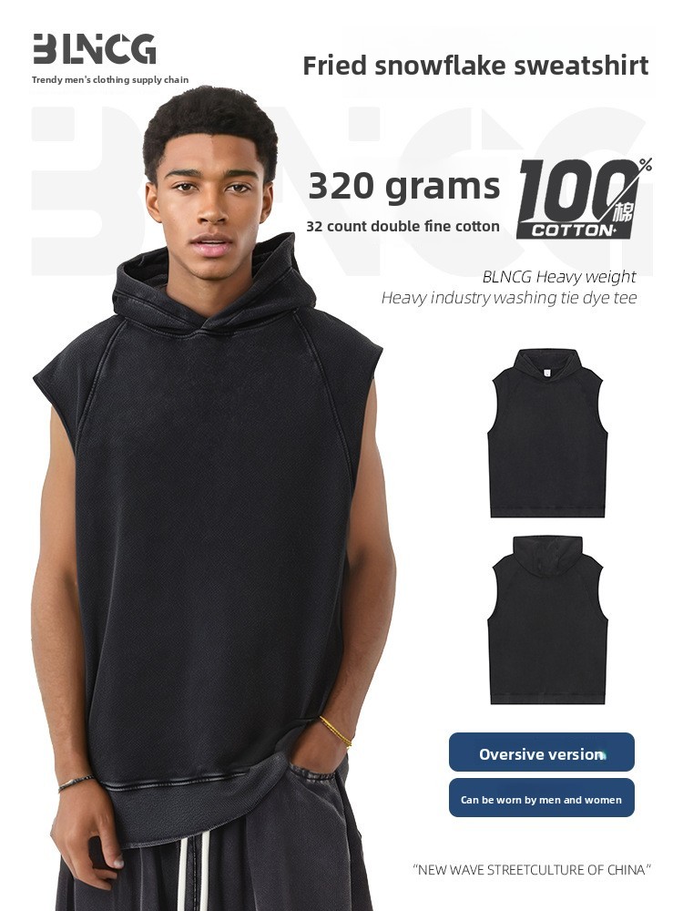 BLNCG New Sporty Streetwear Men's Tank - Cotton, Loose Hooded, American Trend, Snow Wash Sleeveless Tee-KFMT-12