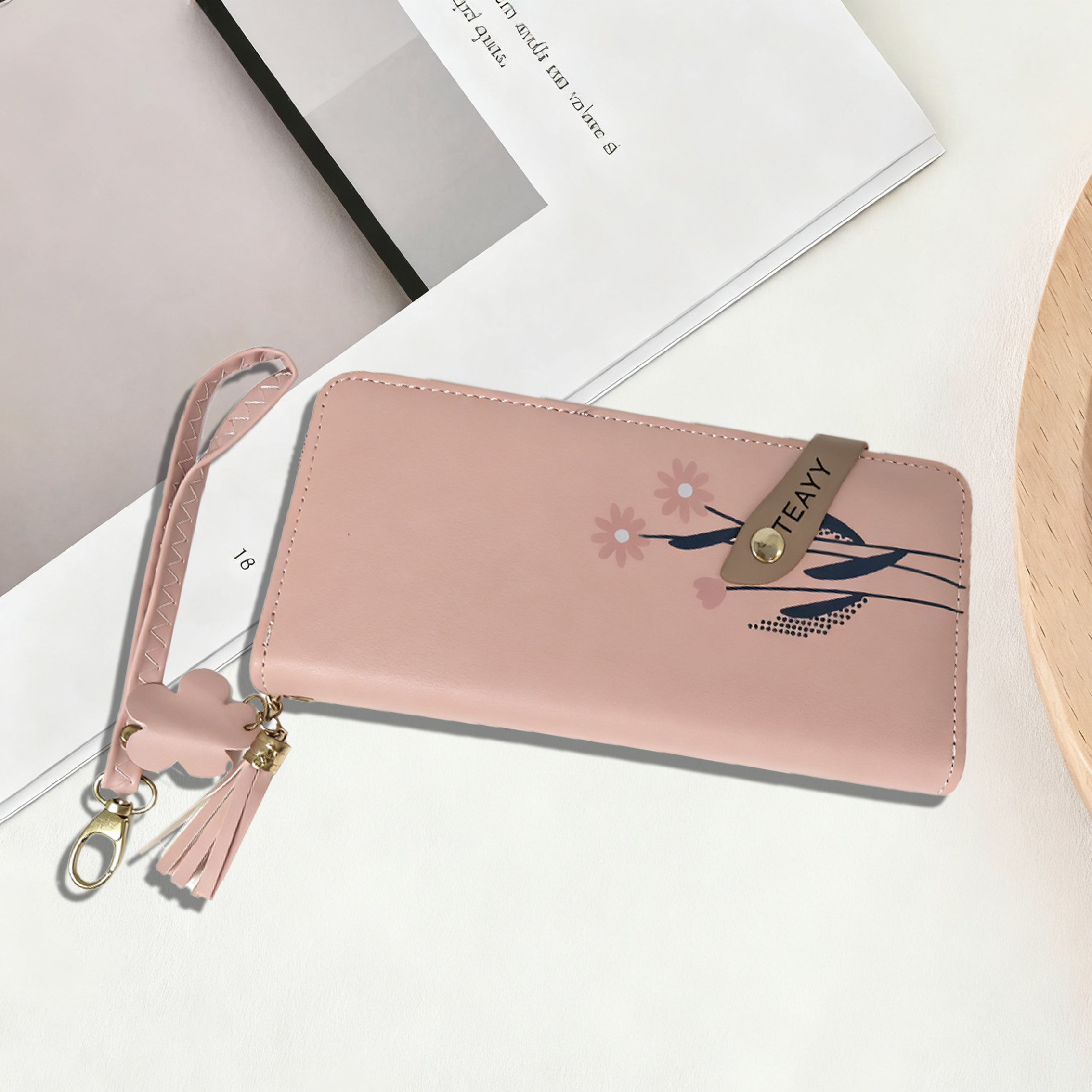 Wallets Women's Floral Print Long Zipper Wallet with Tassel, Pink PU Leather Large Capacity Purse for Daily & Travel 089