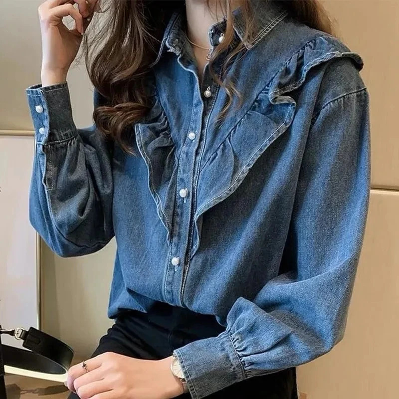 Korean Female Long Sleeved Denim Shirt Coat Spring Autumn Women Leisure Loose Fitting Jeans Coat Ladies Fashion Cowboy Blouse 250811A