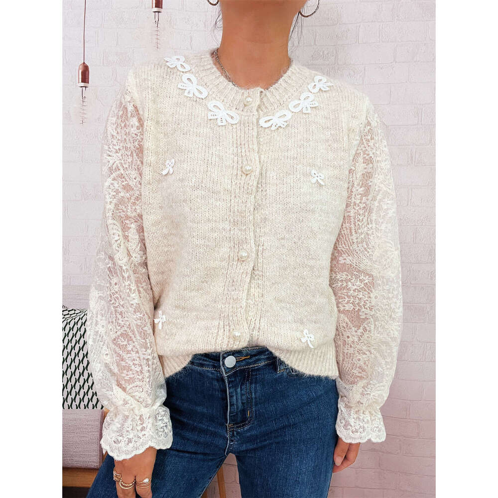 Autumn and Winter New Elegant Commuting Lace Sleeve Spliced Bow Knitted Button Sweater Cardigan