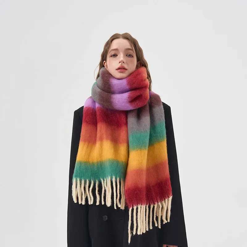 Tassel Scarf Colorful Rainbow Mohair Striped Fashion Couple Neckband Kawaii Winter Warm Thickened Cashmere Scarf Accessories L250928