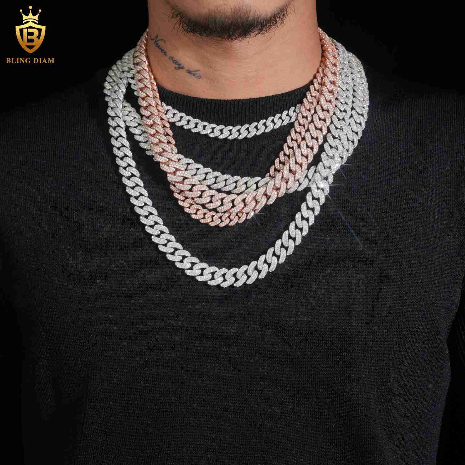 Wholesale Price Solid Silver 925 Rose Gold Cuban 10mm 12mm 13mm Iced Out VVS Moissanite Cuban Chain Necklace