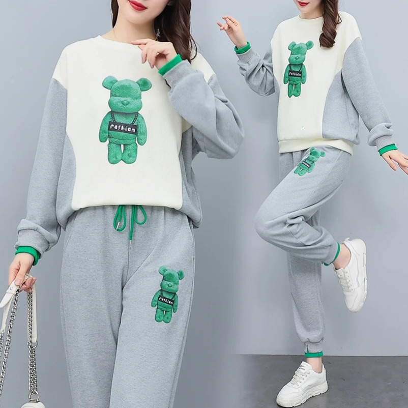 Womens Two Piece Pants Katon printed sweater knitted set for womens autumn clothing Korean loose and pencil pants twopiece patched work clothes 231118