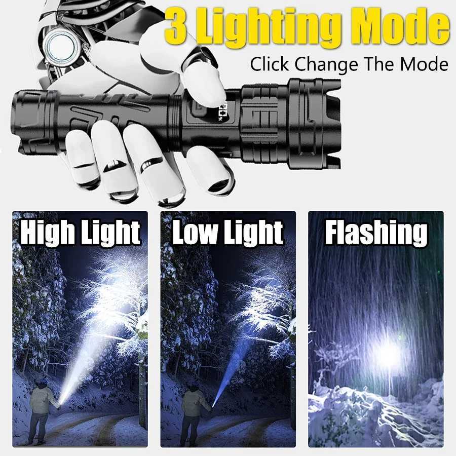 High Power USB Rechargeable Led Flashlight Very Strong Spotlight Torch Portable 3 Modes Emergency Lighting for Camping Hiking D250928
