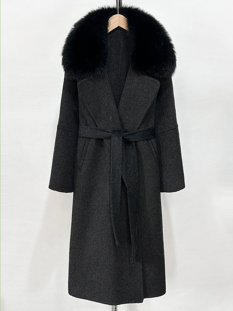 2025 French lazy women's slim fit coat with fox fur collar and lace up double-sided cashmere long woolen coat long coat women wool coat women des