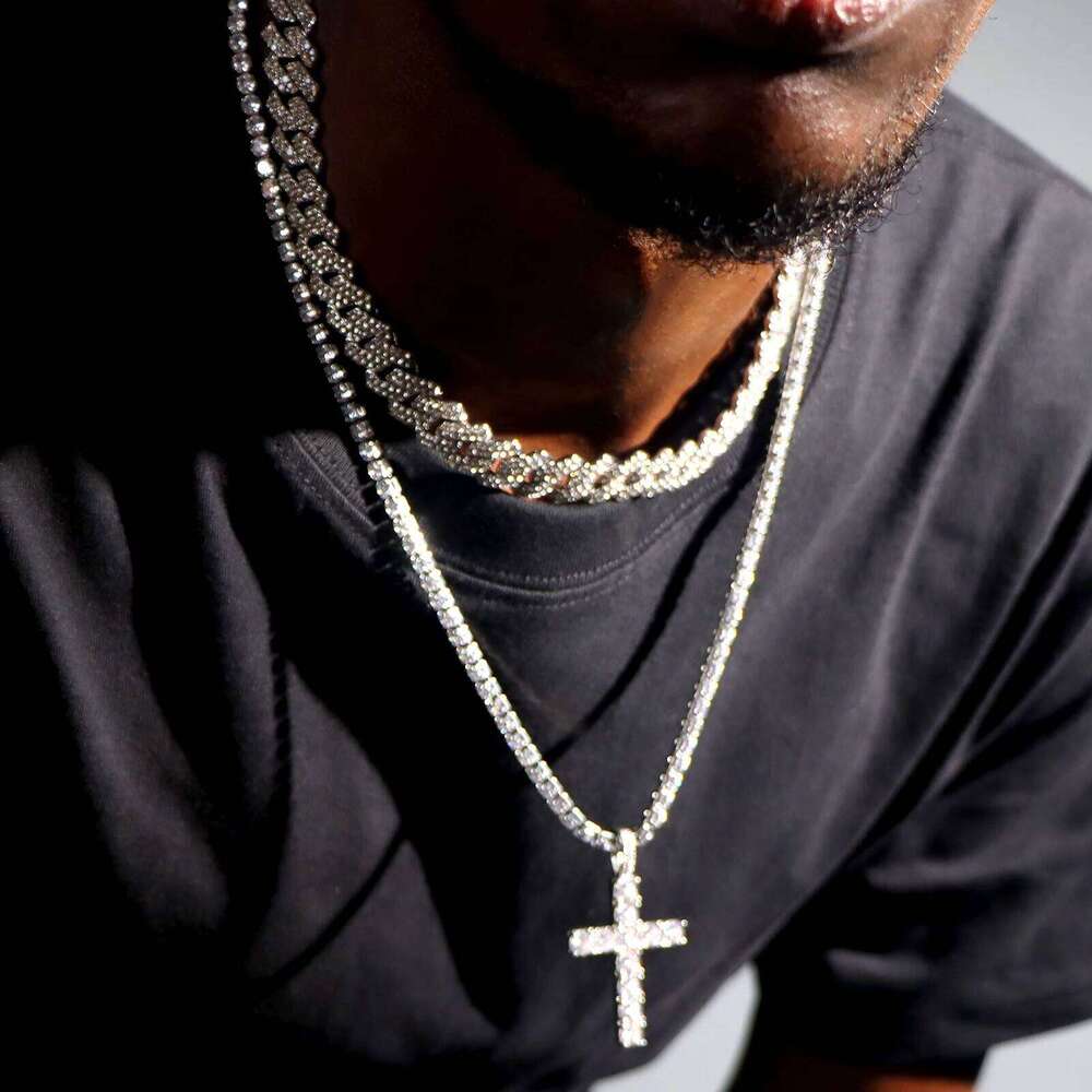 Hip Hop 2pcs Cross Tennis 14MM Prong Necklace For Men Women Iced Out 2 Row Cuban Link Chain Necklaces Couple Jewelry