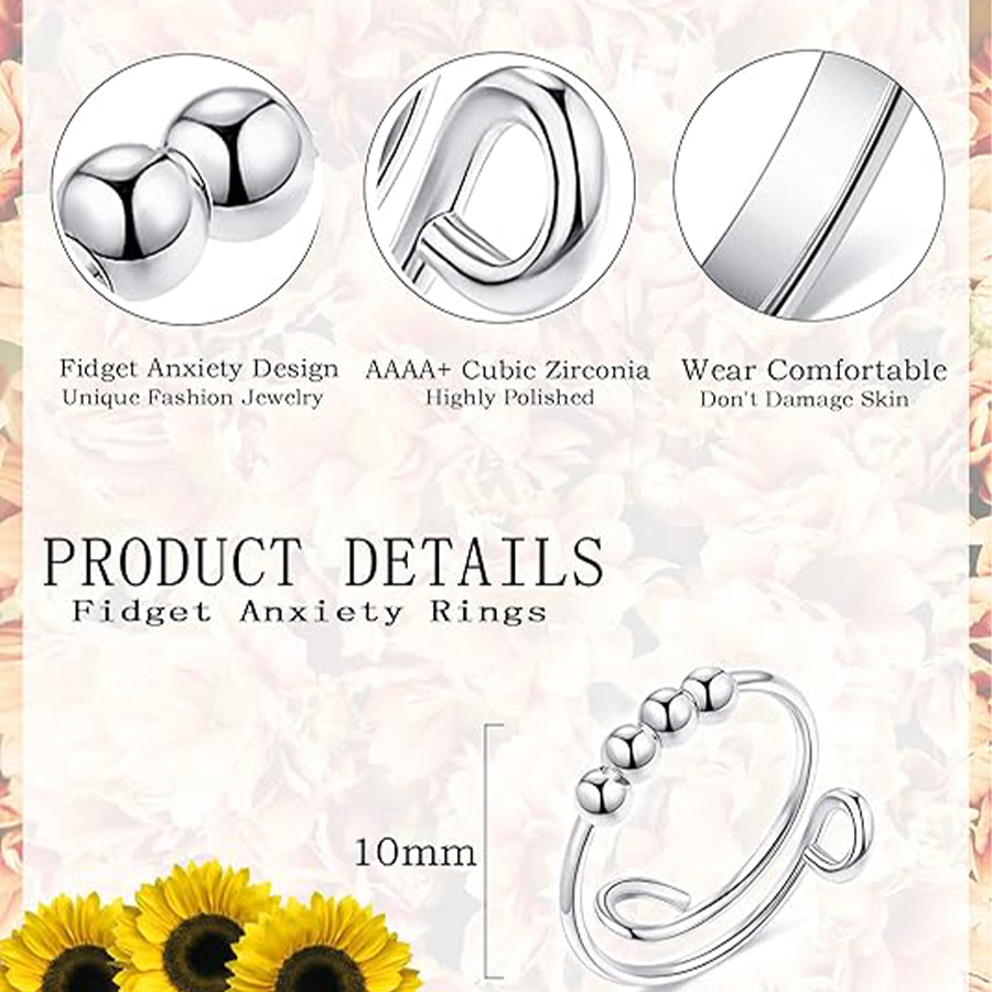 Fidget Anxiety Rings Rotatable Stress Relief Bead Ring Size Adjustable Open Design Ring Spinner Inlaid Cubic Zirconia Ring Jewelry for Women Gifts