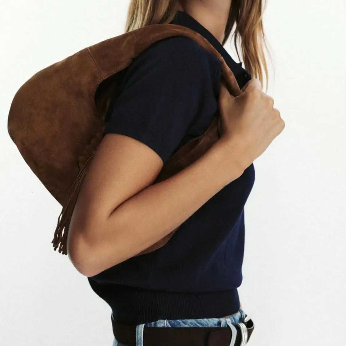 WOMENS FRINGED SHOULDER BAG Luxury Design Suede Top Handle Handbags Solid Color HalfMoon Shoulder Bags Z250928